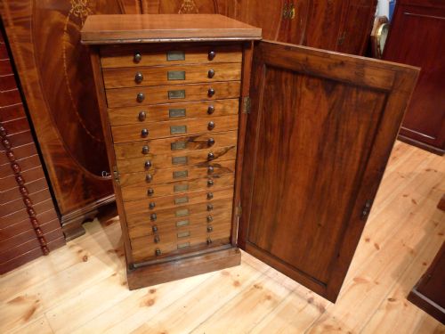 fig 3. A VERY GOOD, HIGHLY FIGURED ENGLISH WALNUT, 14 DRAWER COLLECTORS CABINET CIRCA 1870