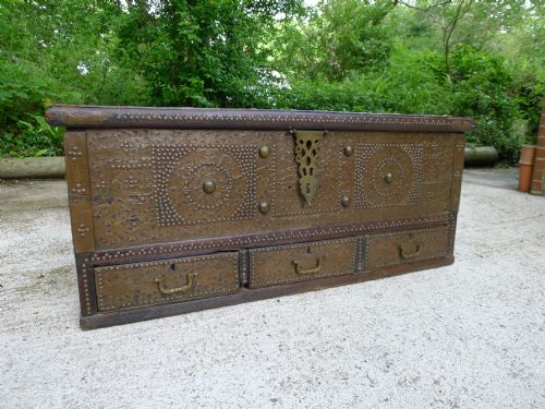 fig 1. AN ORIGINAL BRASS BOUND ZANZIBAR CHEST CIRCA 1870. VERY DECORATIVE.