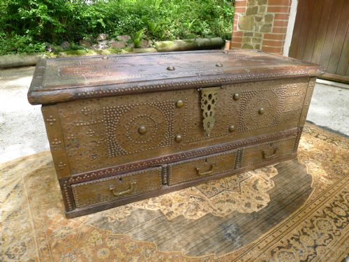 fig 2. AN ORIGINAL BRASS BOUND ZANZIBAR CHEST CIRCA 1870. VERY DECORATIVE.