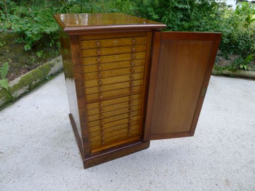 fig 1. A VICTORIAN 16 DRAWER COLLECTORS CABINET IN FINELY FIGURED BURR WALNUT CIRCA 1870
