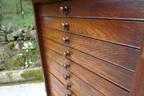fig 3. AN OAK 20 DRAWER COLLECTORS CABINET BY JANSEN OF LONDON CIRCA 1900.