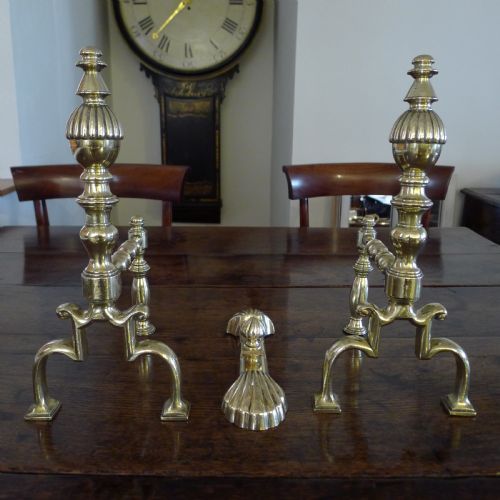 A Very Fine Pair of Georgian Brass Fire Dogs Andirons with Tool Rest. Circa 1820