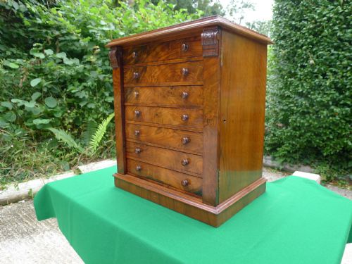 A Very Fine English Burr Walnut Wellington Chest Collectors Cabinet. Circa 1870.