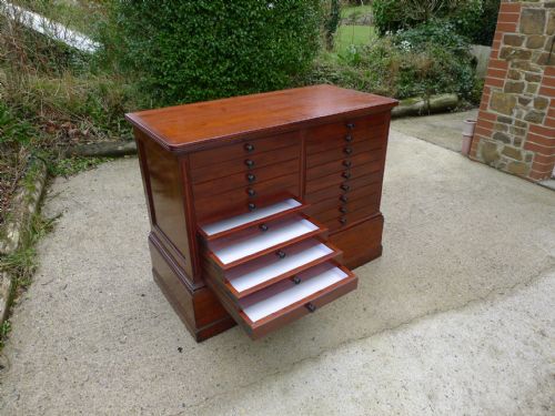 A Superb 18 Drawer Collectors Cabinet by Holland & Sons. Ex British Museum. Circa 1890.
For the Connoisseur. Solid Mahogany Throughout.