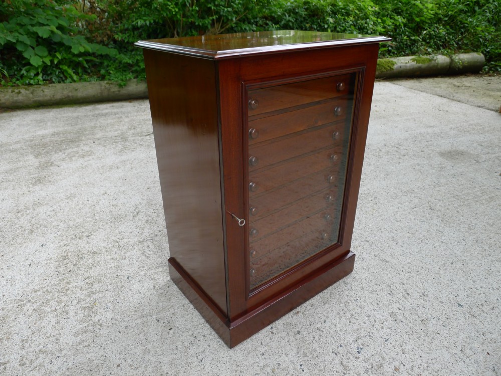  A GOOD VICTORIAN DEAL AND MAHOGANY 10 DRAWER COLLECTORS CABINET WITH GLAZED DOOR CIRCA 1890.