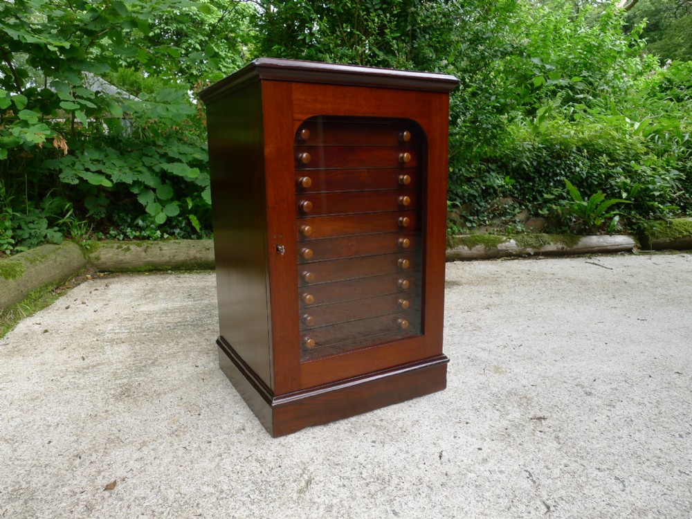 A 12 DRAWER COLLECTORS CABINET IN MAHOGANY AND SATIN WALNUT BY MESSRS WATKINS AND DONCASTER CIRCA 1900