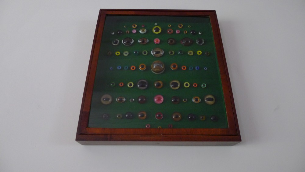 AN ANTIQUE WALL CASE CONTAINING A DISPLAY OF 77 VICTORIAN TAXIDERMY GLASS EYES. View IV