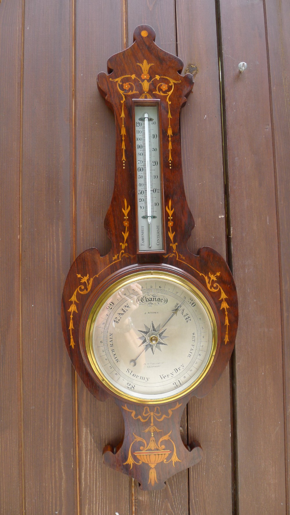 A BEAUTIFUL ART NOUVEAU WALL HANGING ANEROID WHEEL BAROMETER CIRCA 1895. View VII