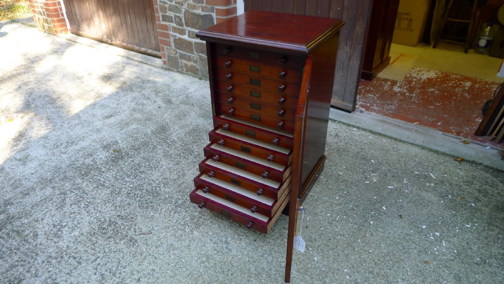 A 12 DRAWER WATKINS & DONCASTER MAHOGANY AND DEAL COLLECTORS CABINET CIRCA 1890 IN ORIGINAL CONDITION. View XVI