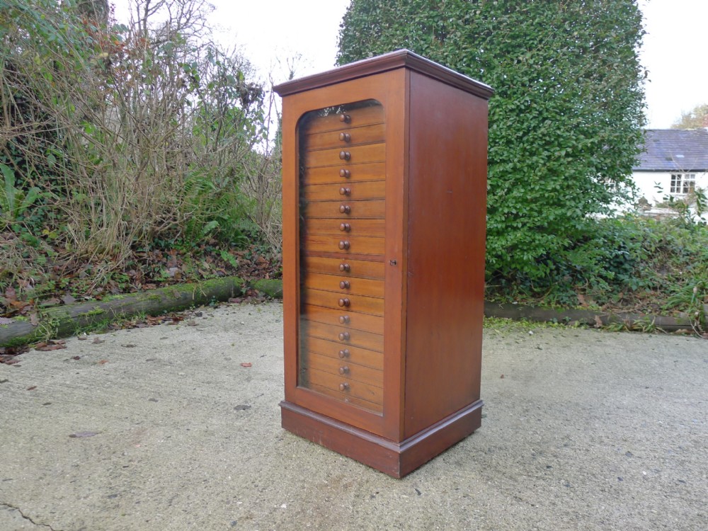  18 DRAWER DEAL AND MAHOGANY COLLECTORS CABINET BY J.J HILL & SON OF WILLESDEN CIRCA 1900.