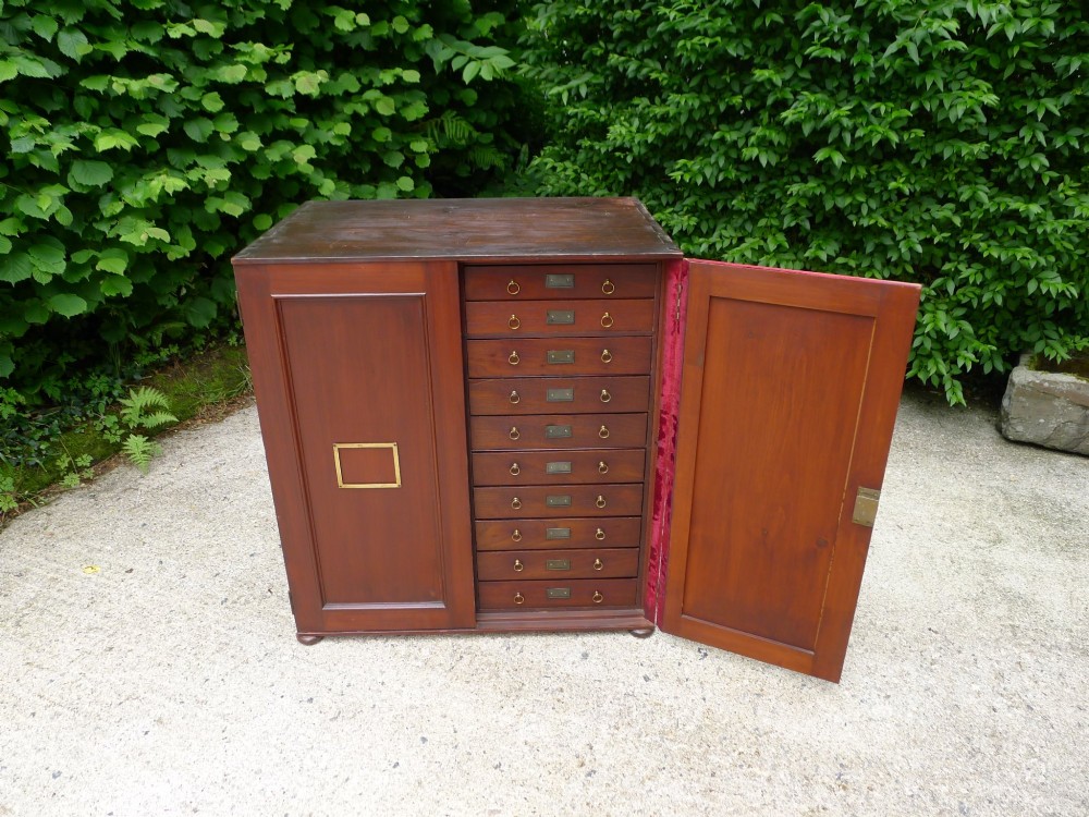 A mid-19th-century stained deal collectors cabinet featuring double doors opened to reveal twenty drawers with brass handles. View VI