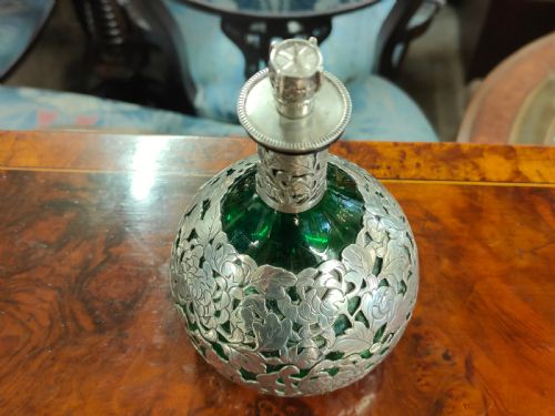 GREEN GLASS DECANTER INCASED IN CHINESE SILVER - ADDITIONAL PHOTO 1