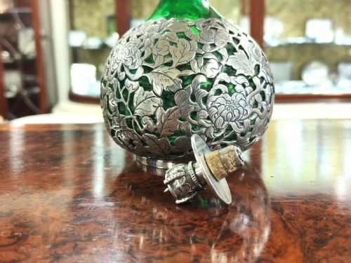 GREEN GLASS DECANTER INCASED IN CHINESE SILVER - ADDITIONAL PHOTO 2