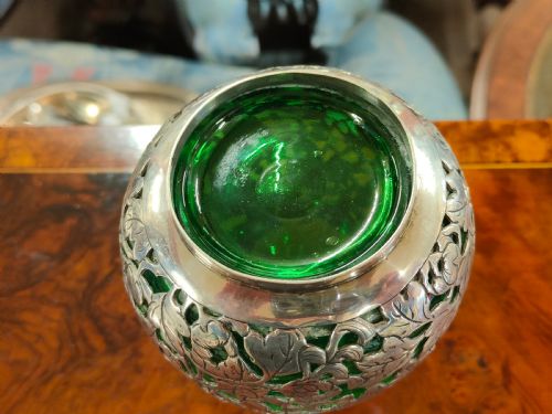 GREEN GLASS DECANTER INCASED IN CHINESE SILVER - ADDITIONAL PHOTO 3