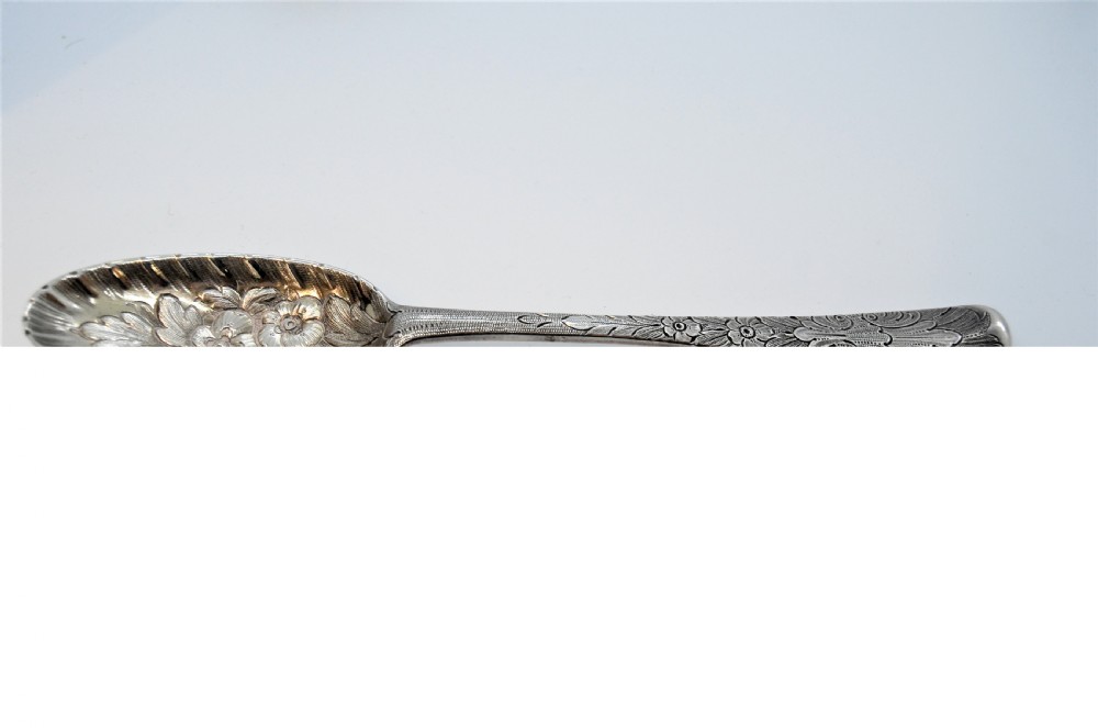 A pair of 18th-century Irish sterling silver spoons featuring embossed fruit and leaf designs in the bowls and chased pattern handles. View II
