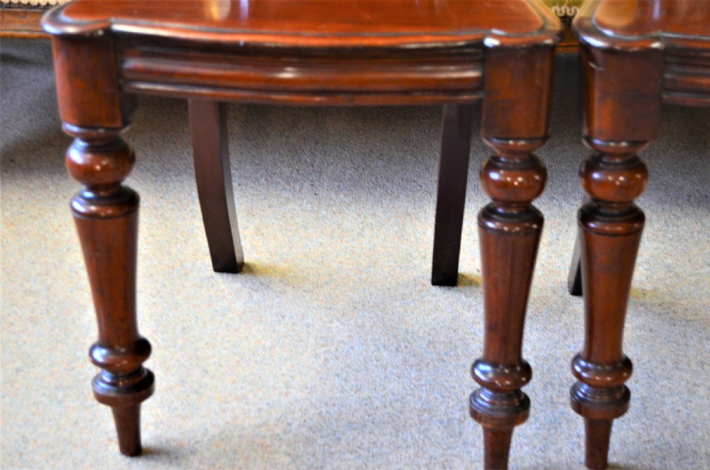 Pair of antique Victorian mahogany hall chairs featuring open carved circular shield backrests, solid timber seats, and turned front legs. View IV