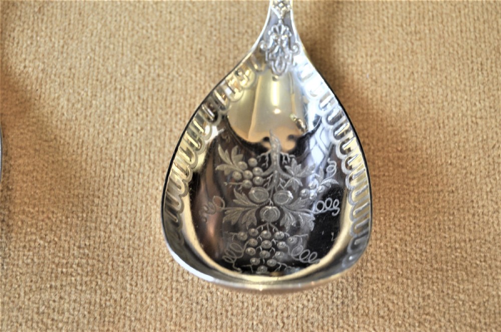 A pair of silver serving spoons featuring detailed fruit engraving in the bowls and decorative handles. View III