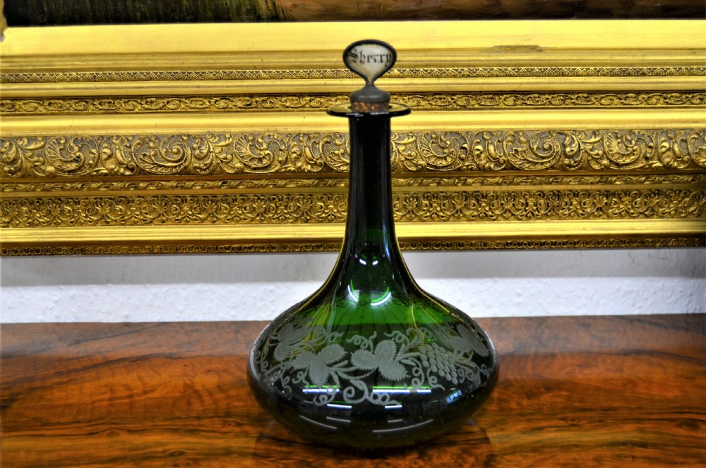 Victorian etched green glass sherry decanter