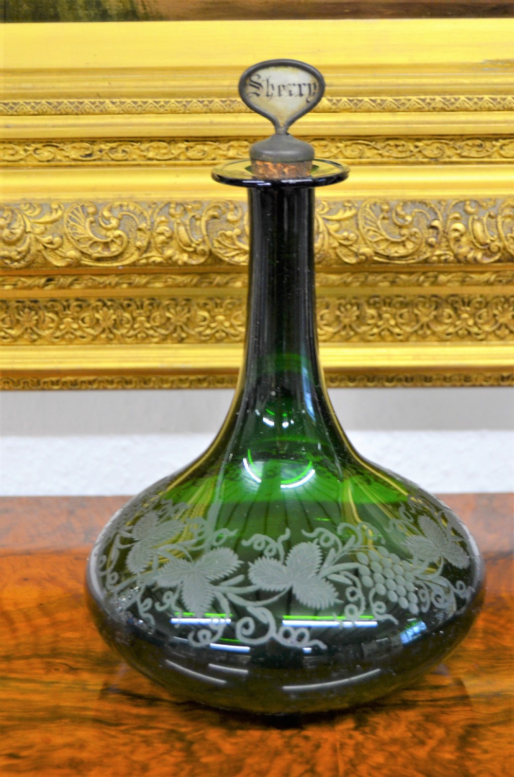 Victorian etched green glass sherry decanter View IV
