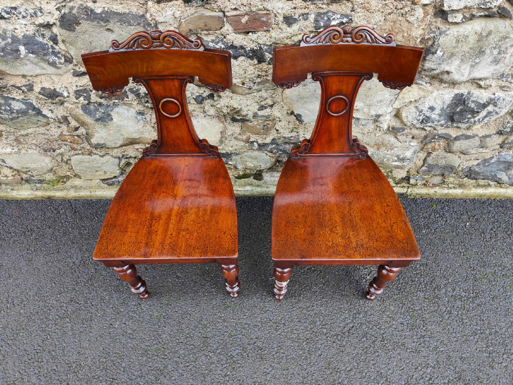 A pair of 19th-century rich brown mahogany hall chairs with carved backrests, solid seats, and turned front legs. View II