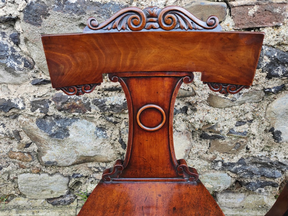 A pair of 19th-century rich brown mahogany hall chairs with carved backrests, solid seats, and turned front legs. View III