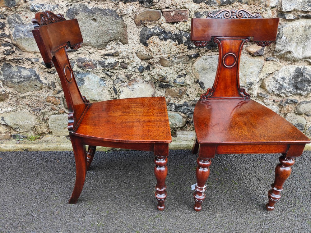 A pair of 19th-century rich brown mahogany hall chairs with carved backrests, solid seats, and turned front legs. View V