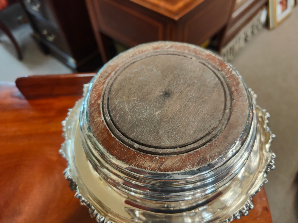 A pair of circular Georgian silver wine coasters featuring intricate cast grape and vine leaf borders with turned wooden bases. View VII