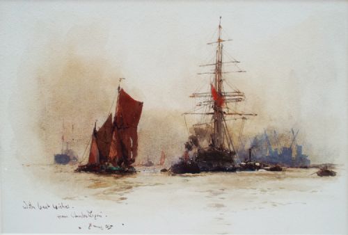 Charles Dixon Watercolour Titled 'A Busy Shipping Scene'