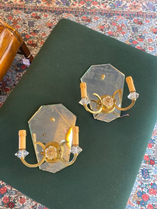 PAIR OF ART DECO WALL LIGHTS WITH AGED GLASS CIRCA 1920