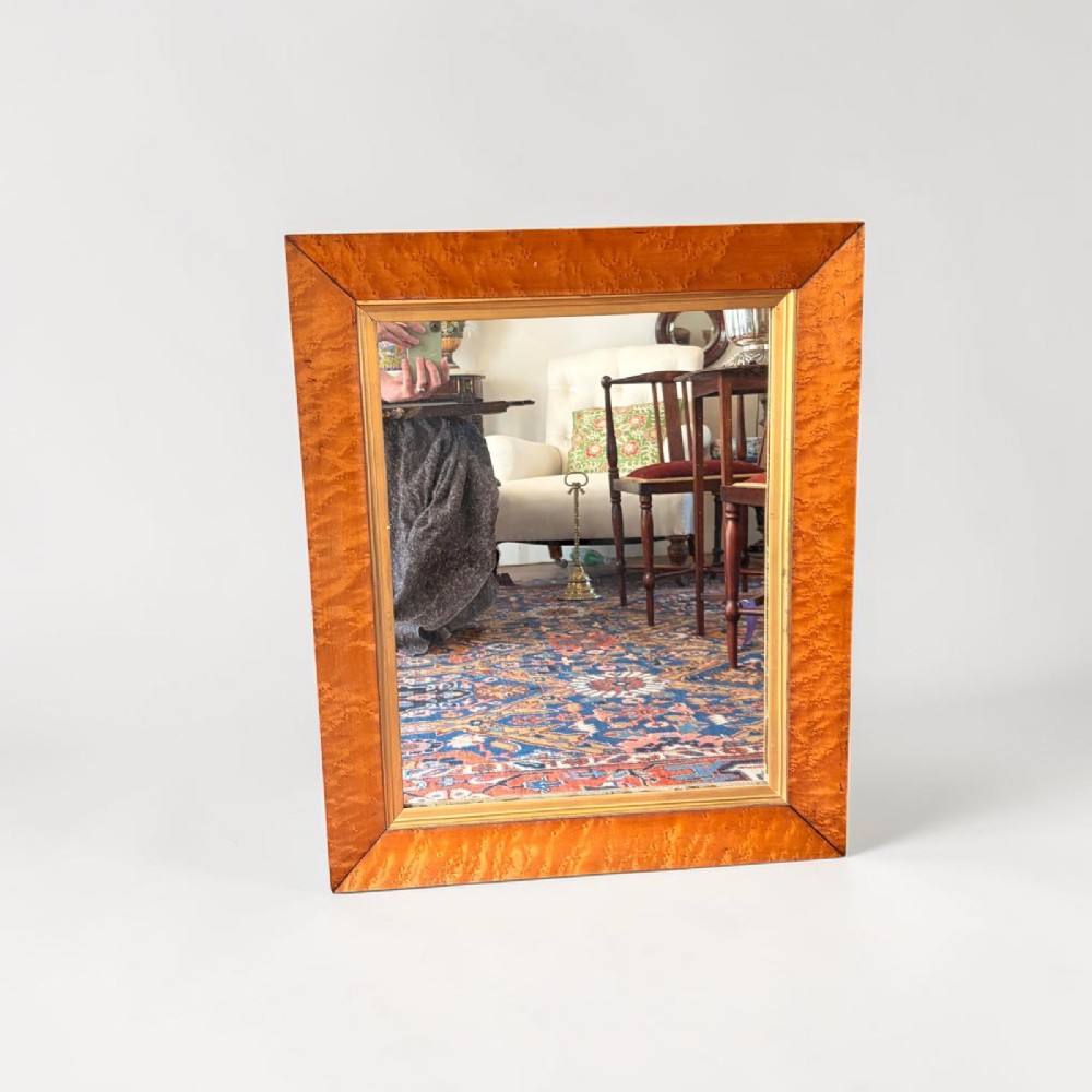 A rectangular William IV wall mirror featuring a wide birds eye maple veneer frame with a narrow gilded inner border.
