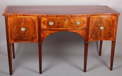 George III Period Mahogany and Satinwood Banded Serpentine-fronted Sideboard