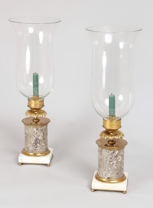 Pair of Early Nineteenth Century French Ormolu and Fossil Marble Table Candlesticks with Storm-shades