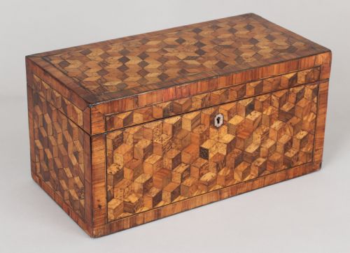 Unusually Large George III Period Cube-parquetry Tea-caddy