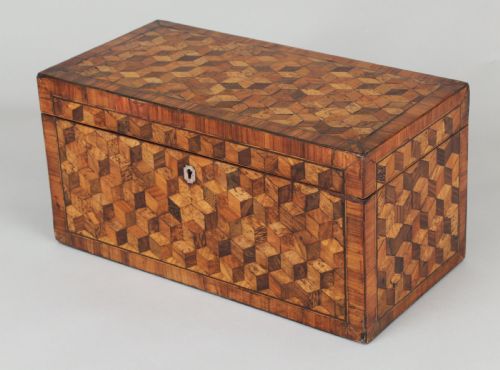 fig 1. Unusually large George III period cube-parquetry tea-caddy
