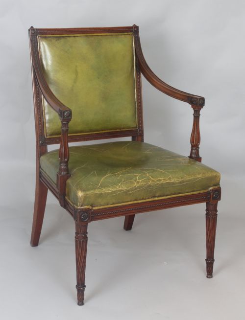 Very Fine George III Period Mahogany Open Arm Chair in the Neo-classical Style