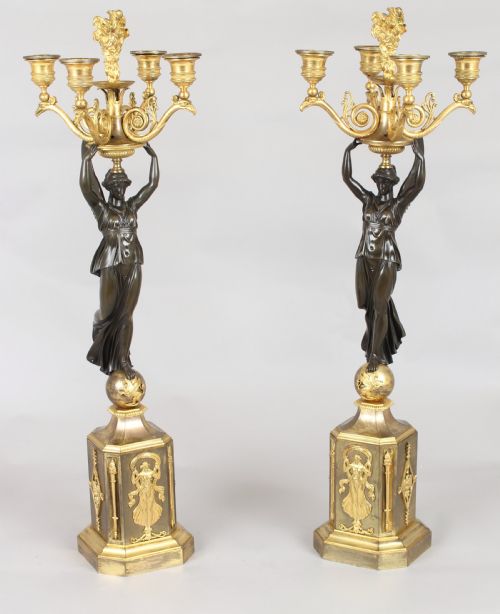 Pair of Fine French Bronze and Ormolu Five-light Candelabra