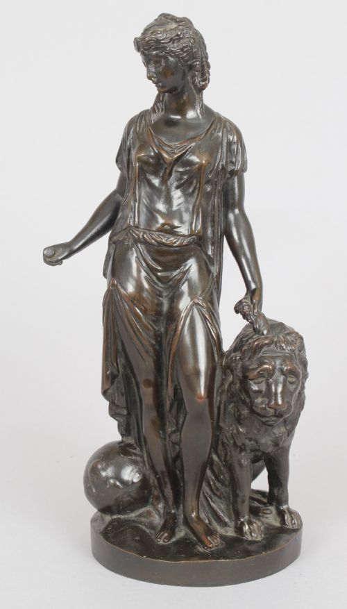 Bronze Statuette of a Classical Woman and Lion