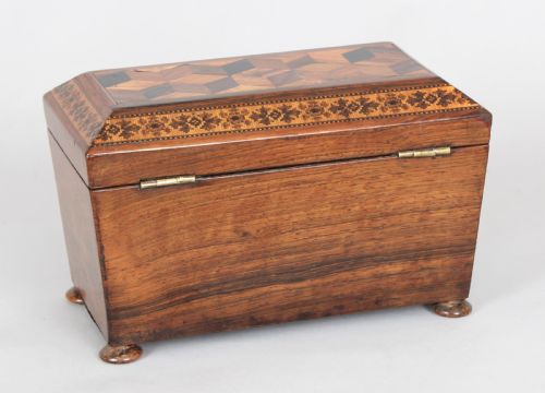 ROSEWOOD TEA CADDY WITH TUNBRIDGE WARE INLAY - ADDITIONAL PHOTO 1