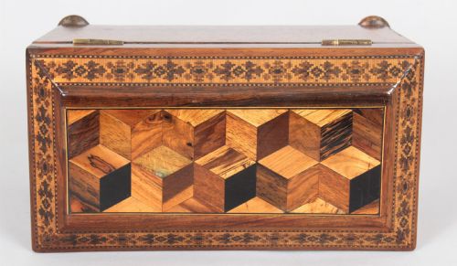 ROSEWOOD TEA CADDY WITH TUNBRIDGE WARE INLAY - ADDITIONAL PHOTO 2