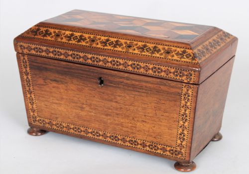 ROSEWOOD TEA CADDY WITH TUNBRIDGE WARE INLAY - ADDITIONAL PHOTO 3