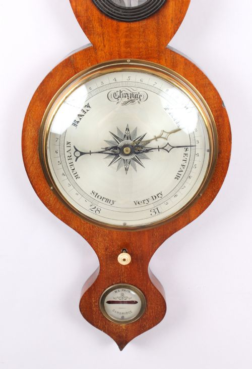 VICTORIAN WHEEL BAROMETER IN A MAHOGANY 'ONION TOP' CASE BY WE PAIN OF CAMBRIDGE - ADDITIONAL PHOTO 1