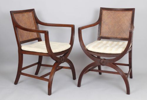 Pair of 19th Century Mahogany X-framed Elbow-chairs of Regency Character