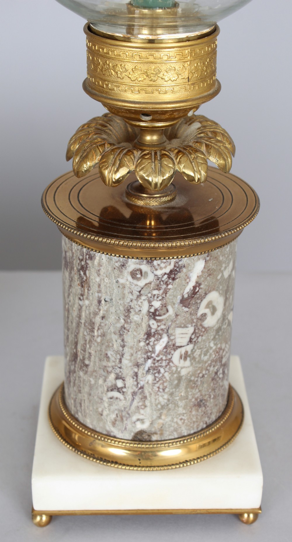 Pair of Early Nineteenth Century French Ormolu and Fossil Marble Table Candlesticks with Storm-shades View II