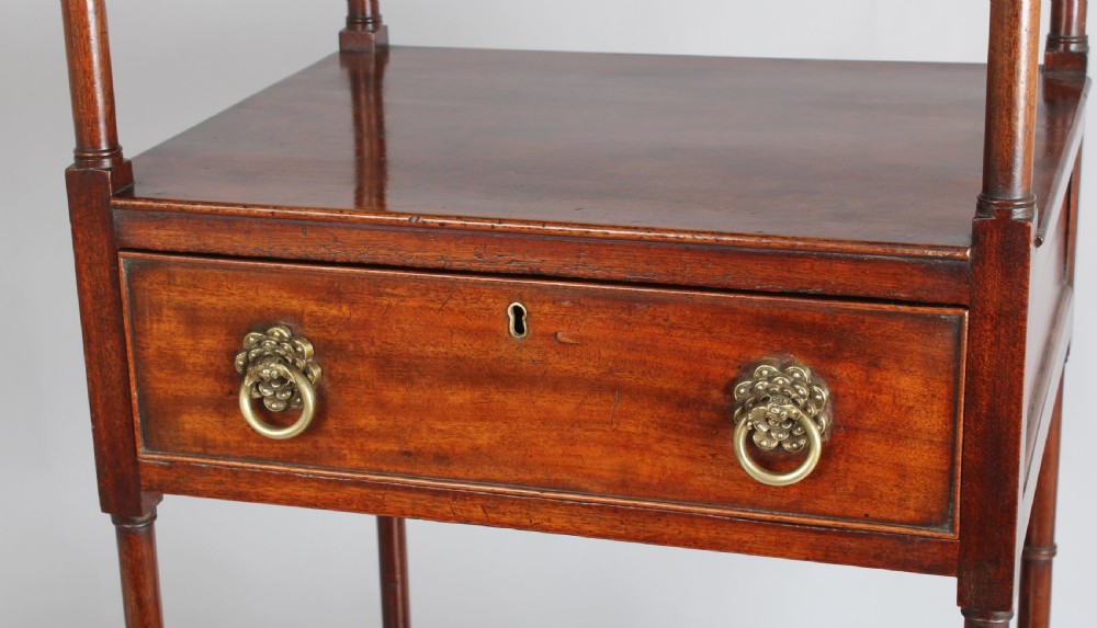 George III period mahogany tall whatnot with four shelves View II