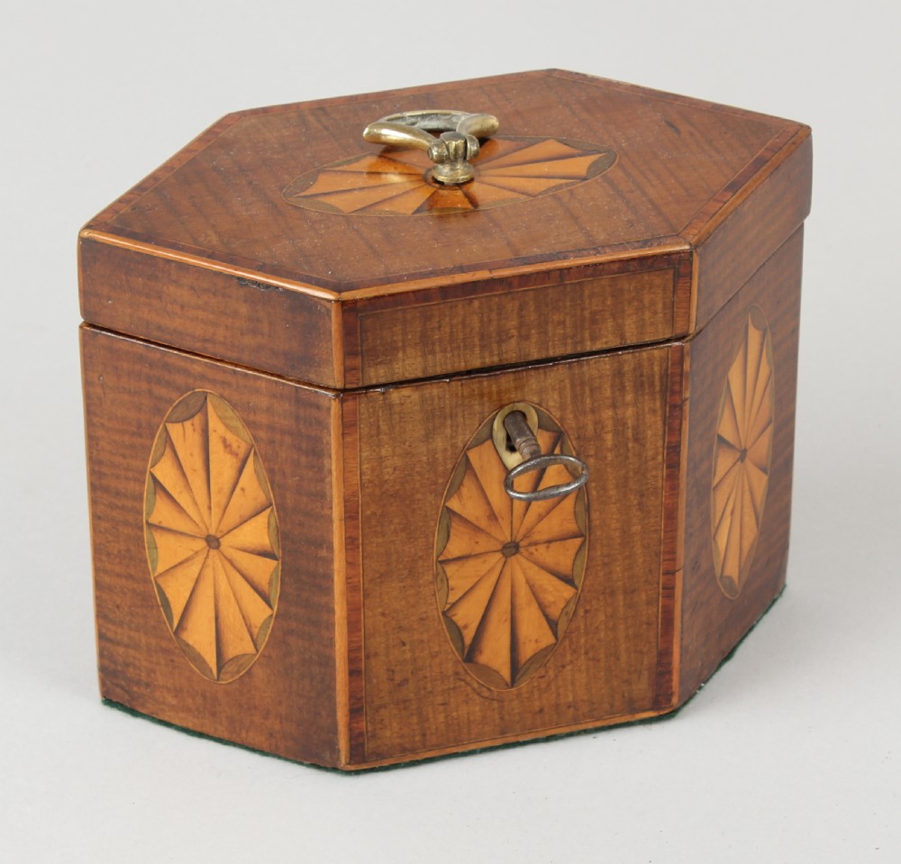 A George III hexagonal harewood tea caddy featuring oval fan marquetry motifs on its sides and top lid with a brass loop handle. View V