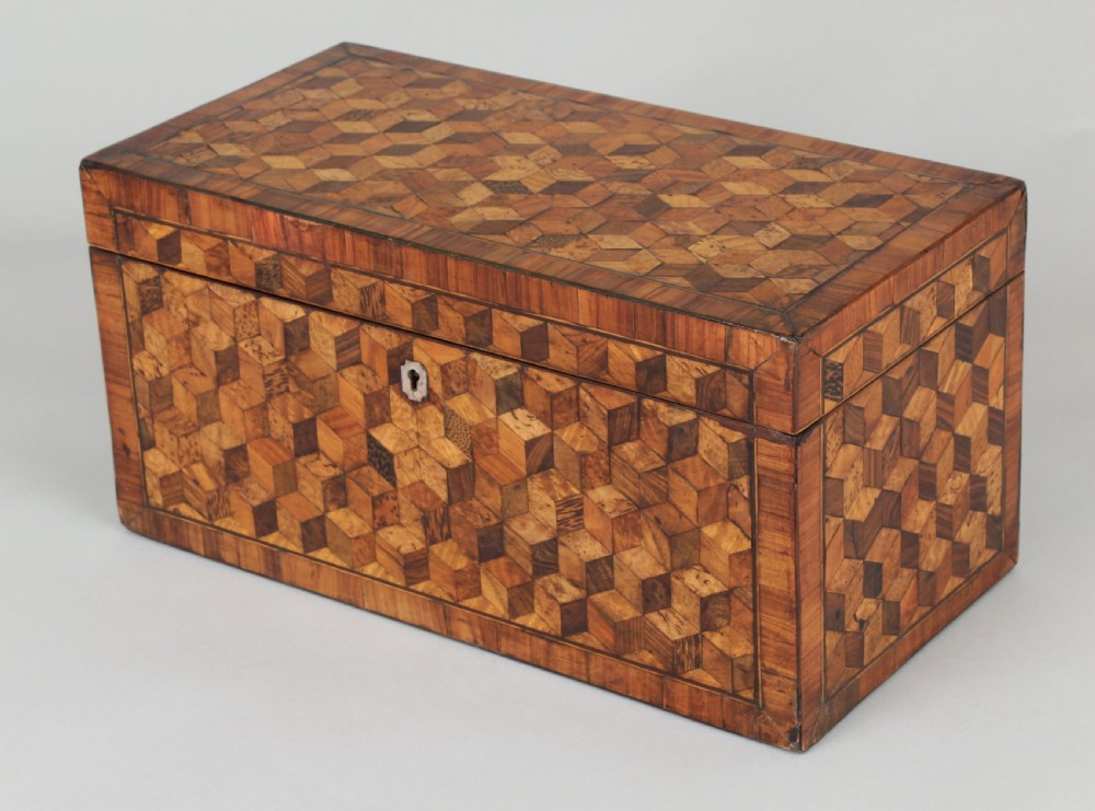 Unusually large George III period cube-parquetry tea-caddy View II