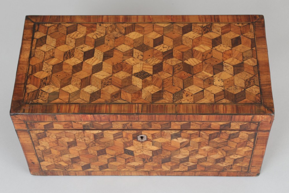 Unusually large George III period cube-parquetry tea-caddy View III