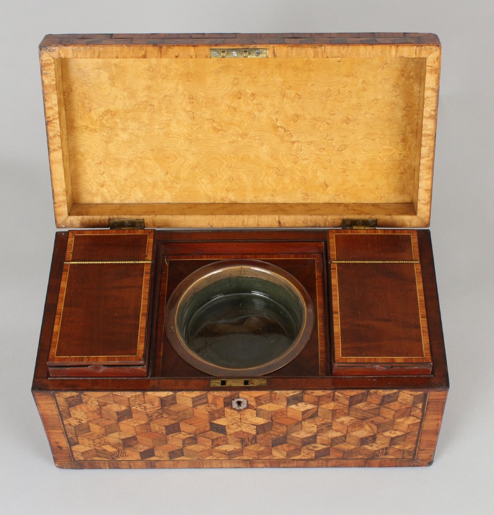 Unusually large George III period cube-parquetry tea-caddy View IV