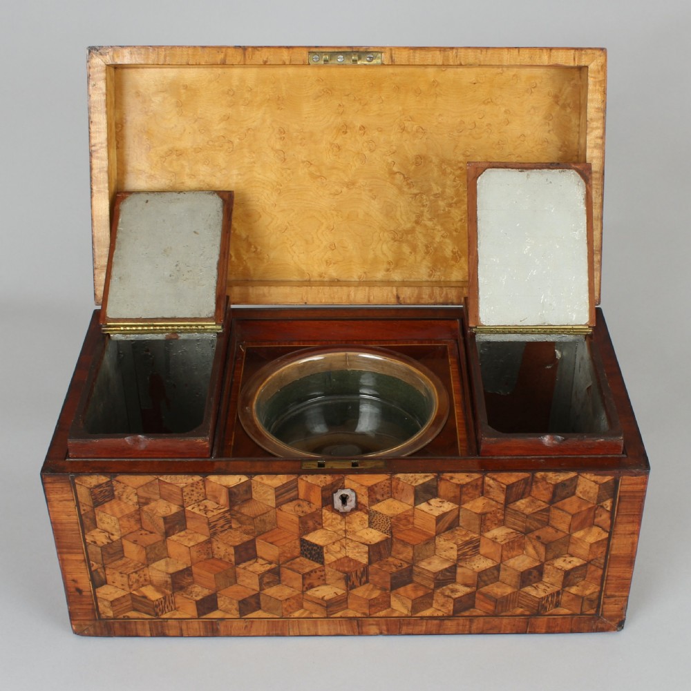 Unusually large George III period cube-parquetry tea-caddy View V
