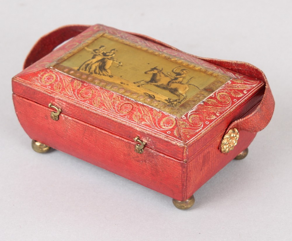 Regency red leather and gilt miniature work-box